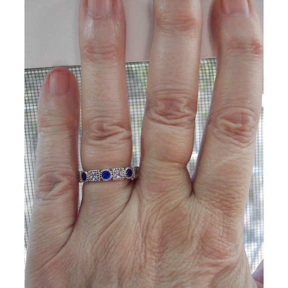 925 STERLING SILVER Blue Spinel & Clear CZ Bezel Set Eternity Band Ring - Picture 7 of 14